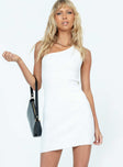 front view of model wearing Princess Polly Edner One Shoulder Mini Dress White Asymmetric Neckline 