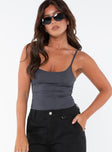 front view of model wearing Princess Polly Geary Bodysuit Grey Petite Sleeveless Scoop Neck 