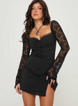 Front view of model wearing  front Princess Polly Sweetheart Neckline  Ashwood Lace Sleeve Mini Dress Black Petite