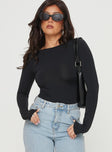 front view of model wearing Princess Polly Gatewood Long Sleeve Bodysuit Black Petite Full Sleeves Boat Neck 