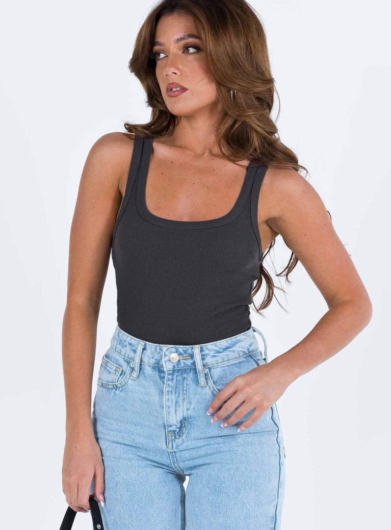 front view of model wearing Princess Polly Camellia Bodysuit Slate Grey Petite Sleeveless Scoop Neck 