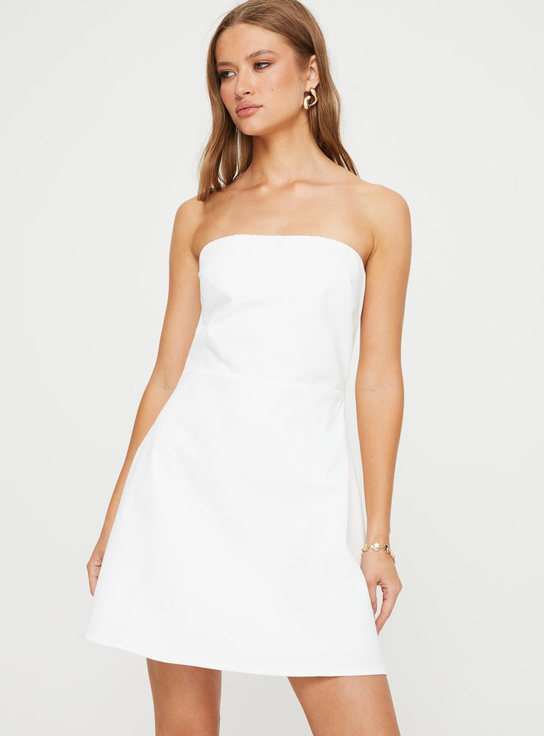 Front view of model wearing  front Princess Polly Asymmetric Neckline  Ostro Strapless Mini Dress White