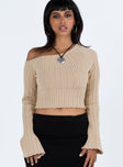 Beige long sleeve top Ribbed knit material  Off the shoulder design  Flared sleeves Good stretch 