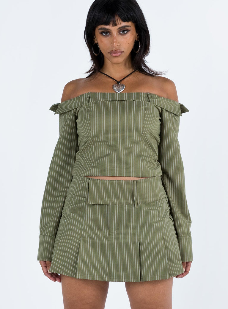 Front view of model wearing  front Valentina Cargo Mini Skirt Green Pinstripe Princess Polly  Mini Skirts 