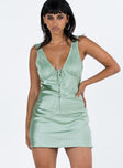 Front view of model wearing  front Princess Polly V-Neck  Conlan Mini Dress Sage