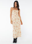 Front view of model wearing  front Princess Polly Crew Neck  Cartian Strapless Maxi Dress Cream / Pink Floral