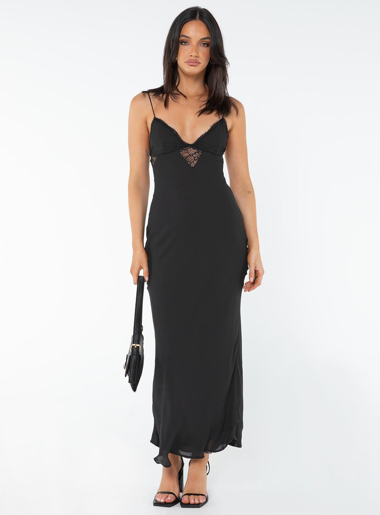 Front view of model wearing  front Princess Polly Asymmetric Neckline  Tramell Maxi Dress Black