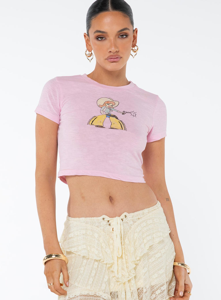 Front view of model wearing  front Princess Polly Short Sleeves Square Neck  Northstar Baby Tee Pink