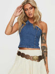 front view of model wearing Princess Polly Malita One Shoulder Top Denim Sleeveless Asymmetric Neckline 