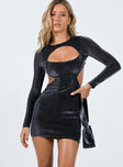 Front view of model wearing  front Princess Polly Crew Neck  Kalbarri Cut Out Mini Dress Black