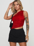 side view of model wearing Princess Polly Brinstead One Shoulder Top Red Sleeveless Asymmetric Neckline 