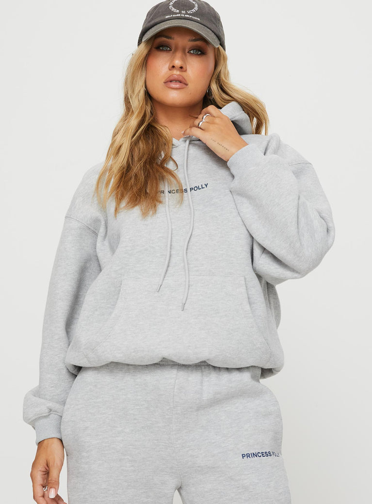 front view of model wearing Princess Polly Princess Polly Hooded Sweatshirt Bubble Text Grey Marle / Slate 