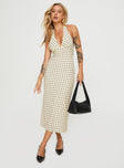 front view of model wearing Princess Polly Kimbelle Halter Maxi Dress Cream / Polka Dot Plunger 