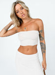 front view of model wearing Princess Polly Oscar Strapless Top Beige Sleeveless Square Neck 