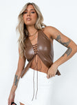 front view of model wearing Princess Polly Zentia PU Top Brown Sleeveless Plunger 