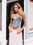 Front view of model wearing  front Princess Polly Sleeveless Square Neck  Coulter Corset Denim