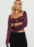 front view of model wearing Princess Polly Passionate Micro Crop Top Purple Full Sleeves Sweetheart 