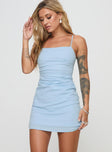 side view of model wearing Princess Polly Doris Mini Dress Blue Square Neck 