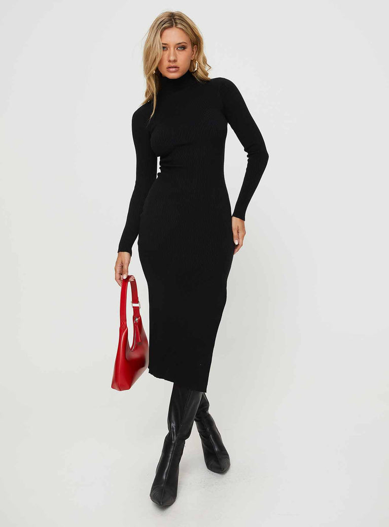 front view of model wearing Princess Polly Sydella Long Sleeve Maxi Dress Black High Neck 