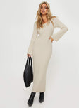 front view of model wearing Princess Polly Malletti Long Sleeve Maxi Dress Beige Scoop Neck 