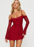 front view of model wearing Princess Polly Edmone Long Sleeve Mini Dress Red Scoop Neck 