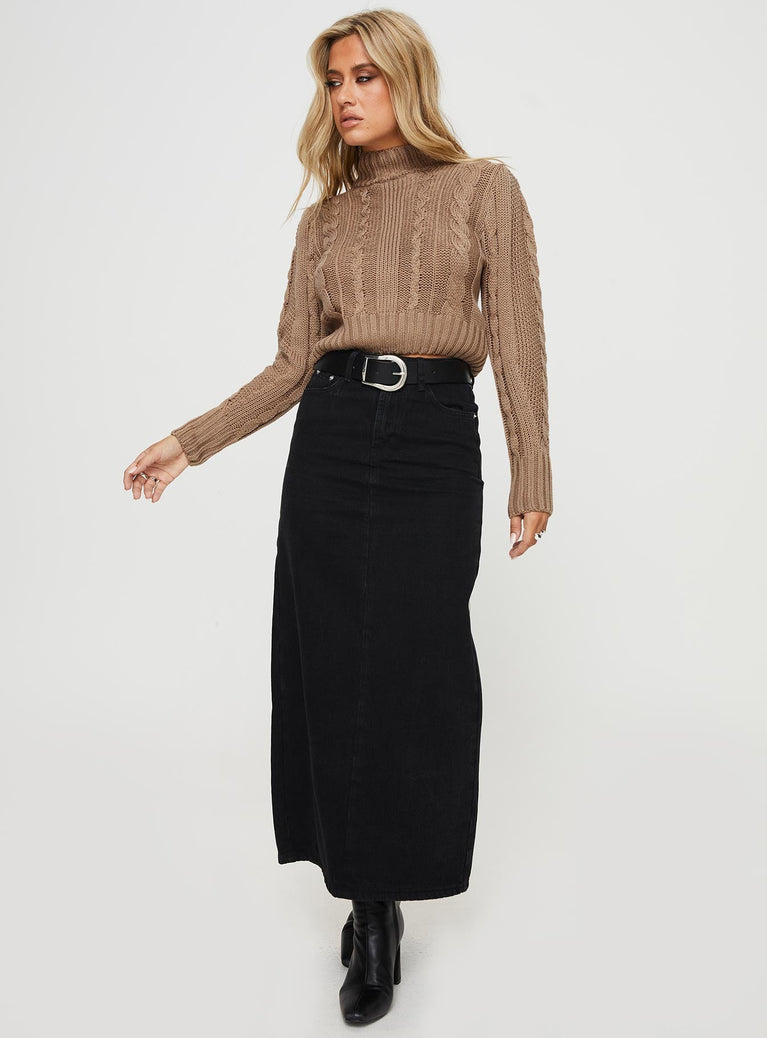   front view of model wearing Princess Polly Whessler Split Back Denim Midi Skirt Black Midi Skirts 