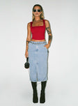 Front view of model wearing  front Endgate Midi Skirt Mid Wash Denim Princess Polly  Maxi 