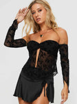 front view of model wearing Princess Polly Benton Off The Shoulder Top Black Full Sleeves Sweetheart 