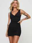 front view of model wearing Princess Polly Nilsson Mini Dress Black V-Neck 