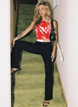 front view of model wearing Princess Polly Kinkirk Flared Pants Black Tall High Waisted Pants 