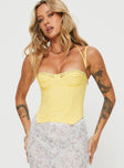 front view of model wearing Princess Polly Luvan Lace Corset Top Yellow Sleeveless Sweetheart 