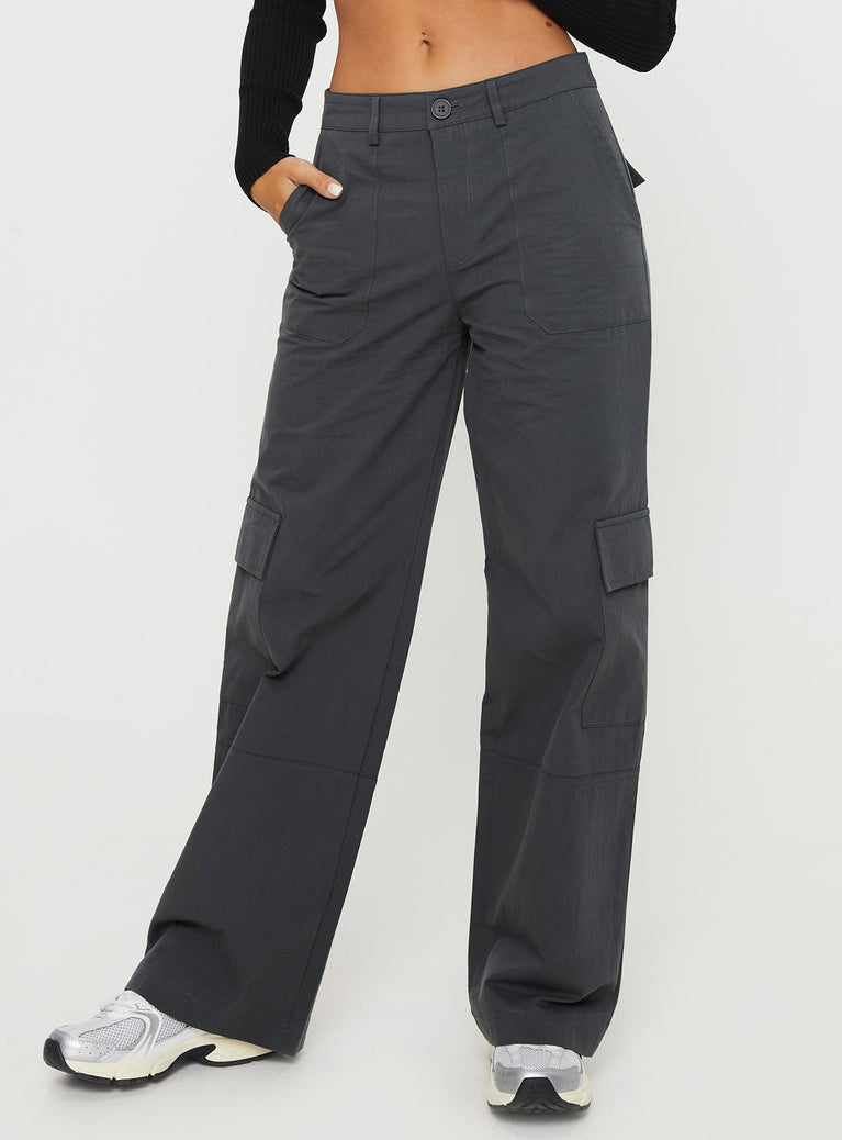 front view of model wearing Princess Polly Luna Mid Rise Cargo Pants Charcoal Mid Rise 