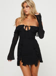 front view of model wearing Princess Polly Mollins Long Sleeve Mini Dress Black Straight Neck 