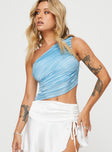 front view of model wearing Princess Polly Brinstead One Shoulder Top Blue Sleeveless Asymmetric Neckline 