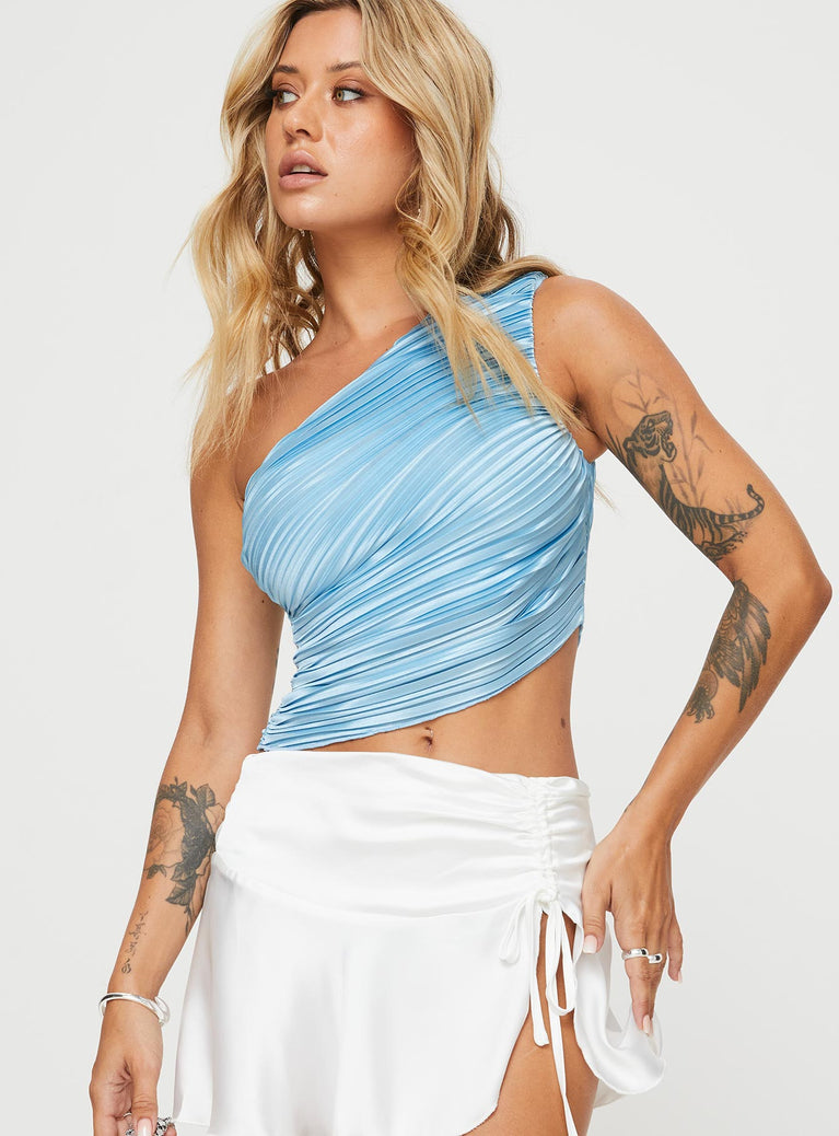 front view of model wearing Princess Polly Brinstead One Shoulder Top Blue Sleeveless Asymmetric Neckline 