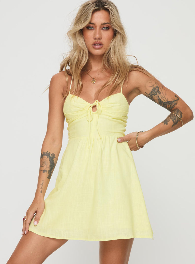 front view of model wearing Princess Polly Tassos Mini Dress Lemon Sweetheart Neckline 