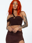 Front view of model wearing  front Princess Polly Sleeveless High Neck  Lore Top Brown