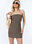 back view of model wearing Princess Polly Alaska Strapless Mini Dress Brown 