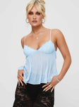 front view of model wearing Princess Polly Zami Pleat Top Blue Sleeveless Plunger 