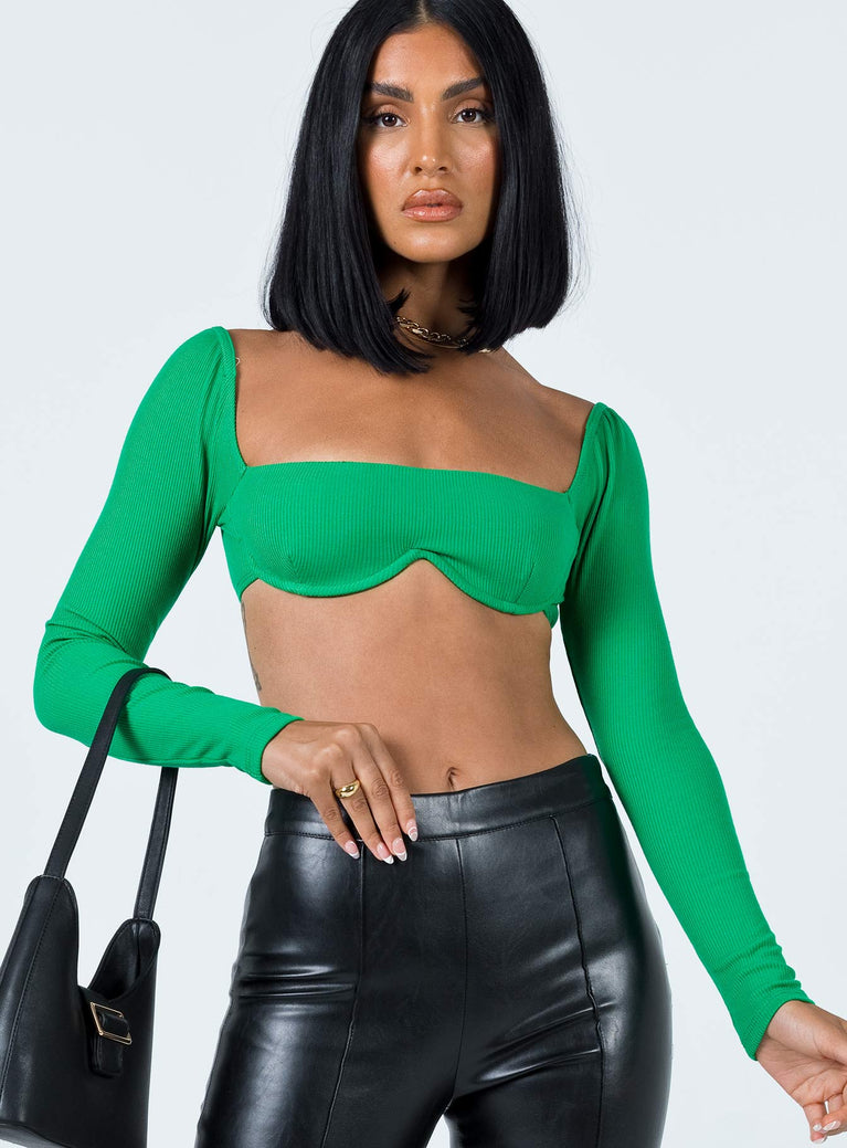 front view of model wearing Princess Polly Becca Long Sleeve Crop Top Green 