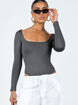 front view of model wearing Princess Polly Ellery Bodysuit Grey Full Sleeves Square Neck 