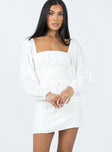 Front view of model wearing  front Princess Polly Square Neck  Fauce Long Sleeve Mini Dress Cream