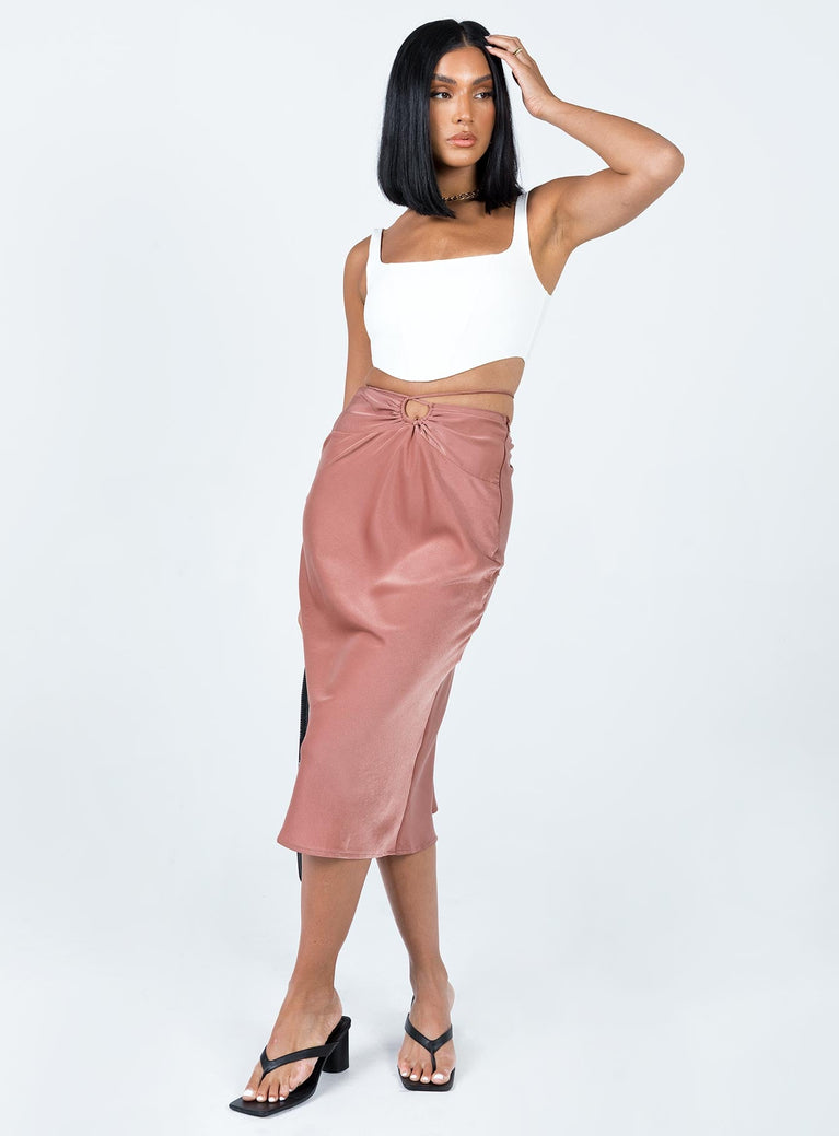   front view of model wearing Princess Polly Seylena Midi Skirt Brown 