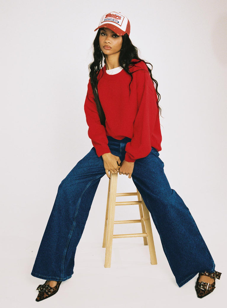 front view of model wearing Princess Polly Naylor Wide Leg Jeans Mid Blue Denim Tall Mid Rise 