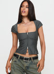 front view of model wearing Princess Polly Santa Cruz Zip Through Top Grey Pinstripe Short Sleeves Square Neck 