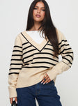 Lunarosa V Neck Sweater Cream/ Black Stripe
