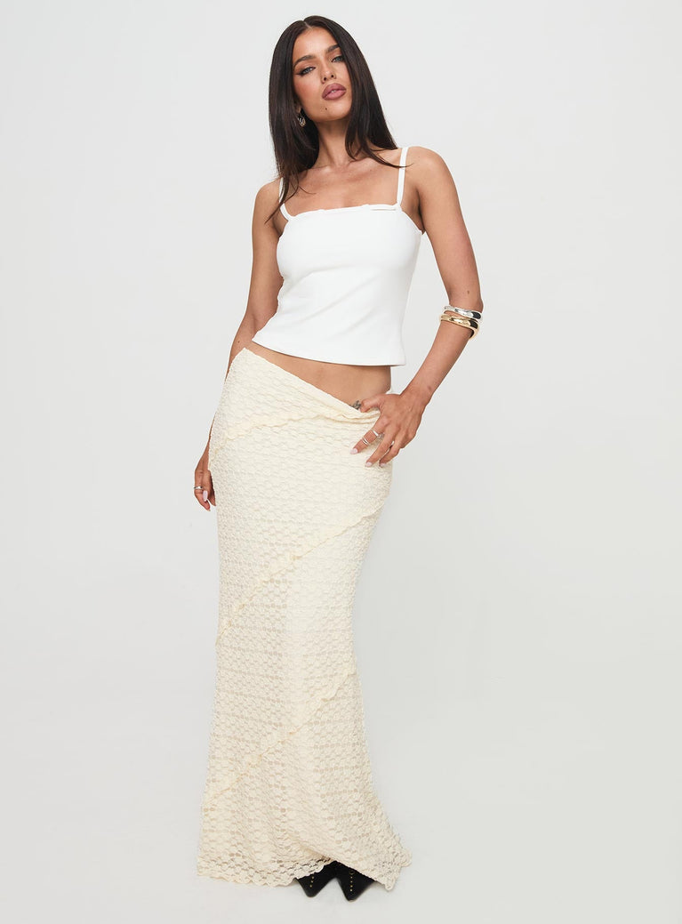   front view of model wearing Princess Polly Incandescent Maxi Skirt Cream Maxi 