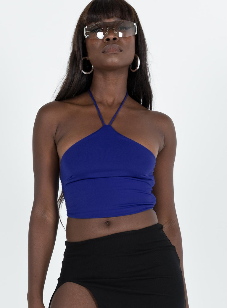 Front view of model wearing  front Princess Polly Sleeveless Asymmetric Neckline  Nield Top Blue