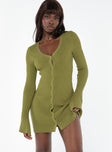 front view of model wearing Princess Polly Waldin Long Sleeve Mini Dress Olive V-Neck 