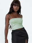 Front view of model wearing  front Princess Polly Sleeveless Asymmetric Neckline  White Rabbit Top Green